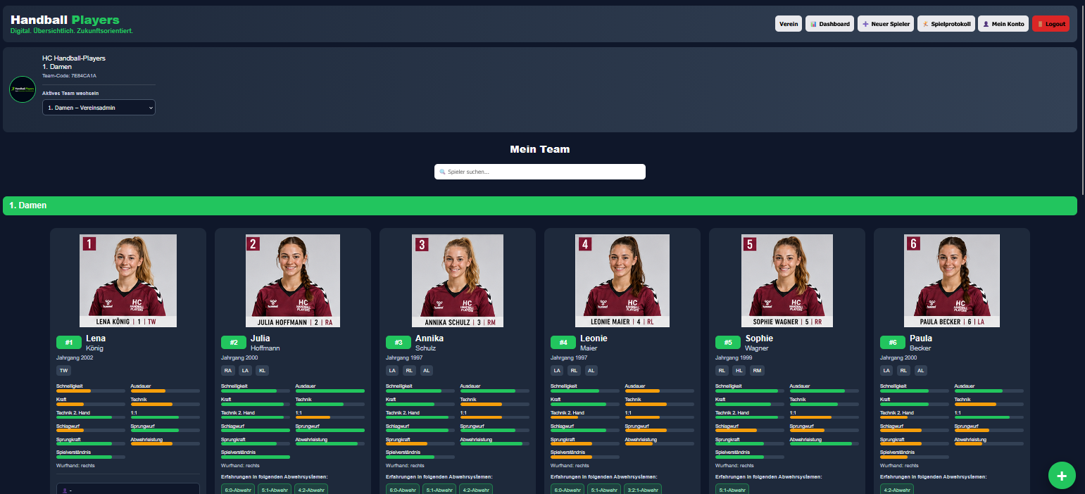 Handball Players Teamansicht mit digitalen Playercards